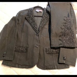 Diane Gilman black blazer denim set